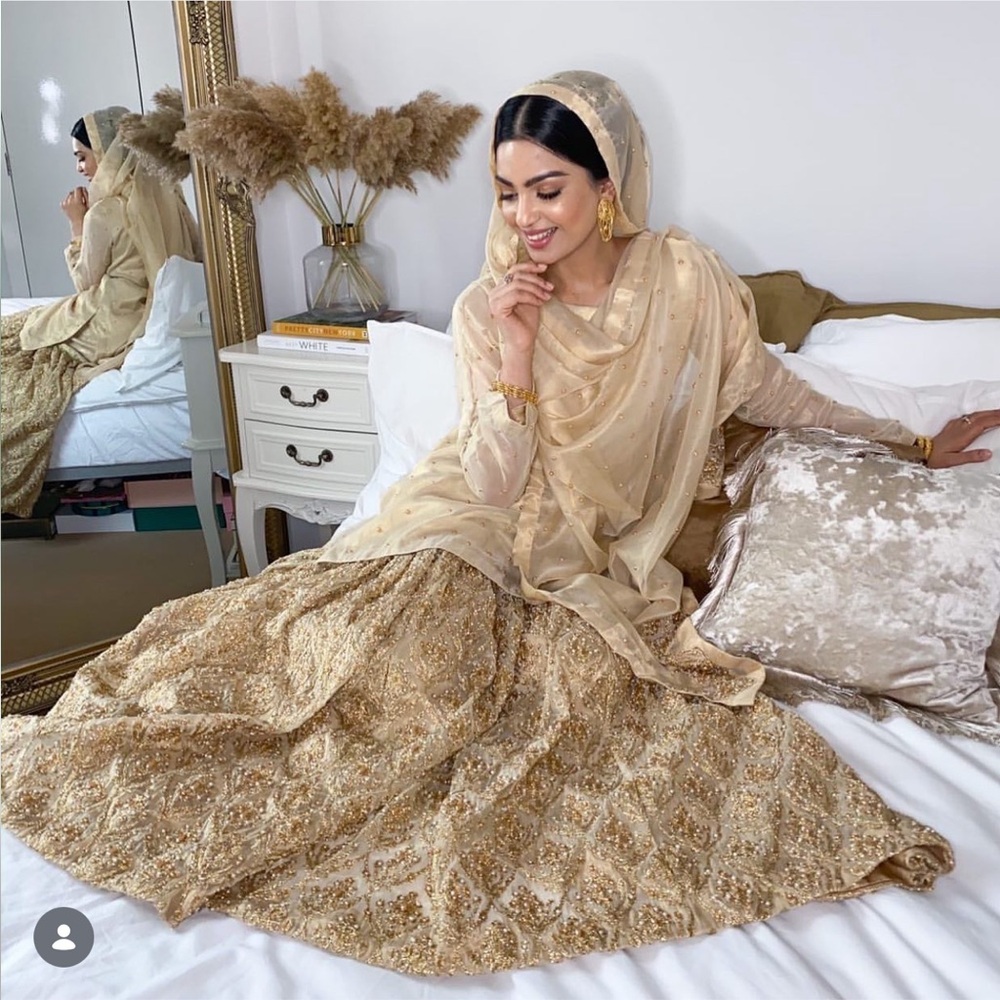 3 piece gold gharara by Maryum Mughal